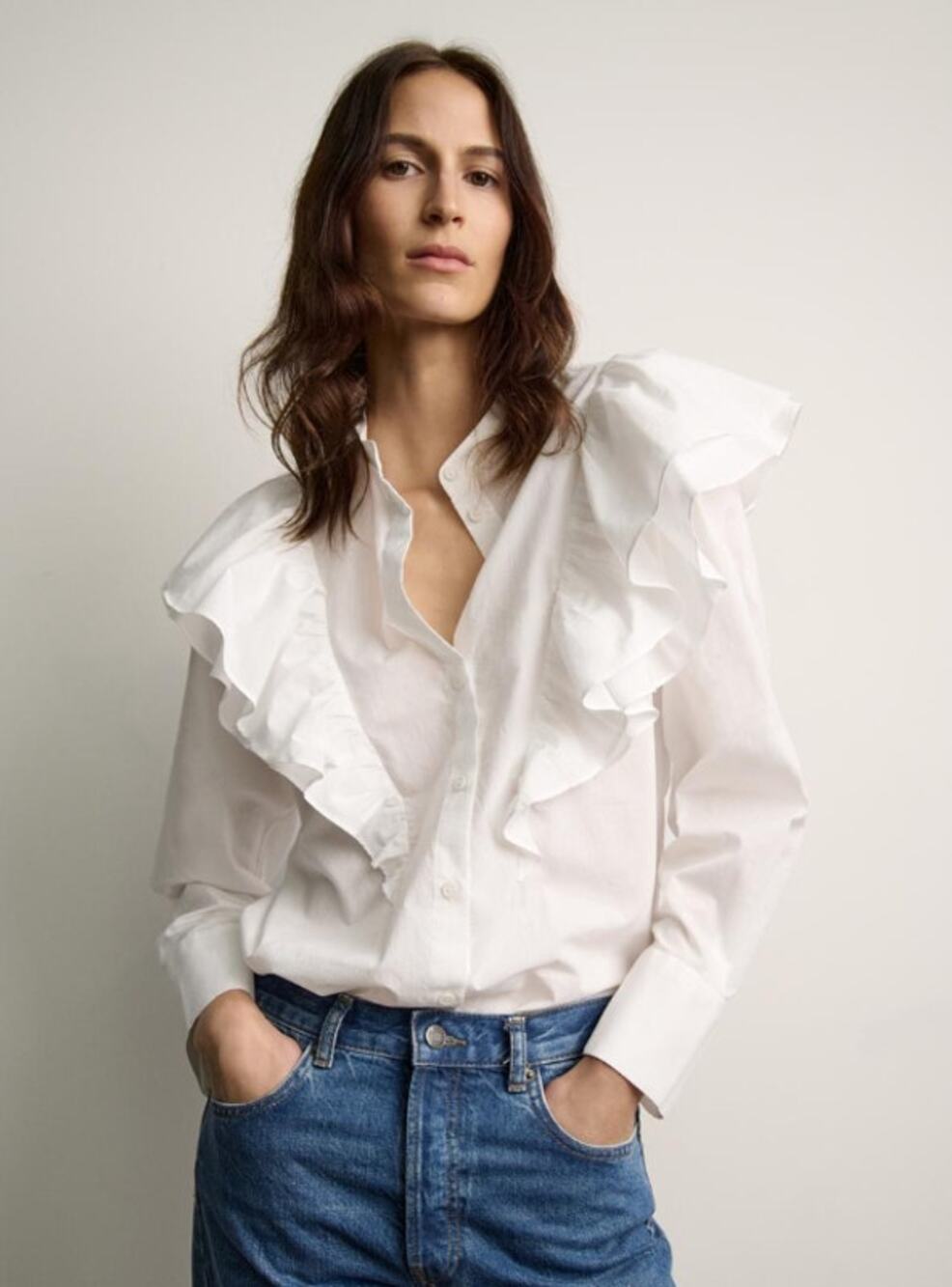 ZARA Ruffled Blouse White NWT Button Up Cotton Long Sleeve Women's S